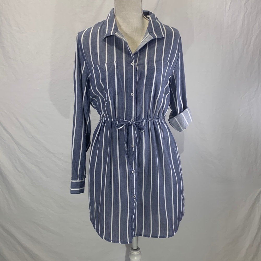 Japna Hi/Low Hem Long Sleeve Button Up Blue Shirt Dress Size Medium NWT